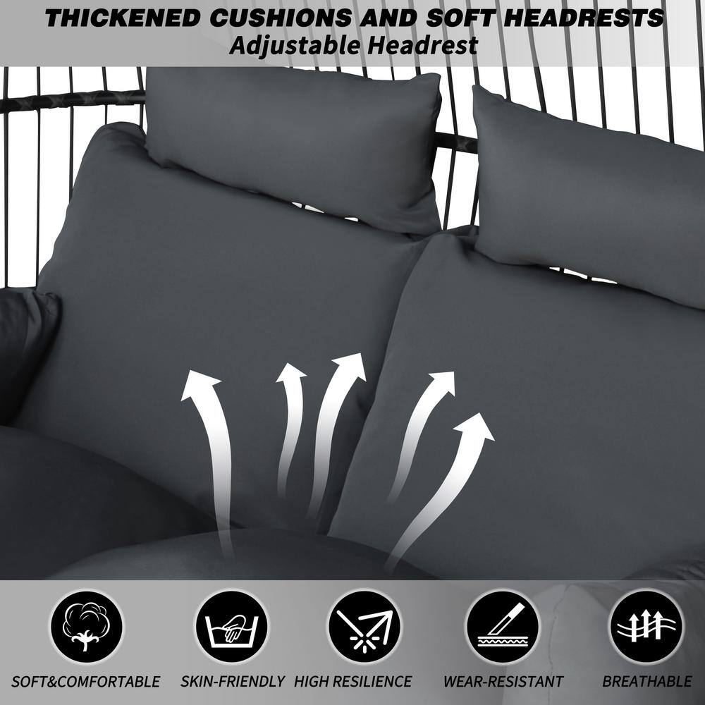 VEIKOUS 5.7 ft. X 3.7 ft. Base Free Standing 2-Person Hammock Chair Hanging Egg Chair with Stand, Awning and Cushions, Gray