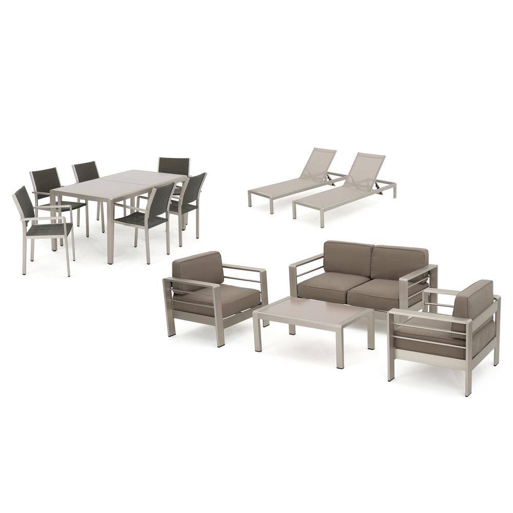Noble House 13-Piece Metal and Faux Rattan Patio Dining, Conversation and Lounge Set with Khaki Cushions