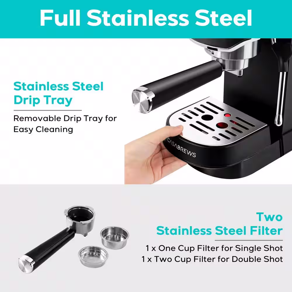 CASABREWS CM5418 20-Cup Black Stainless Steel Espresso Machine with 34 oz. Water Tank