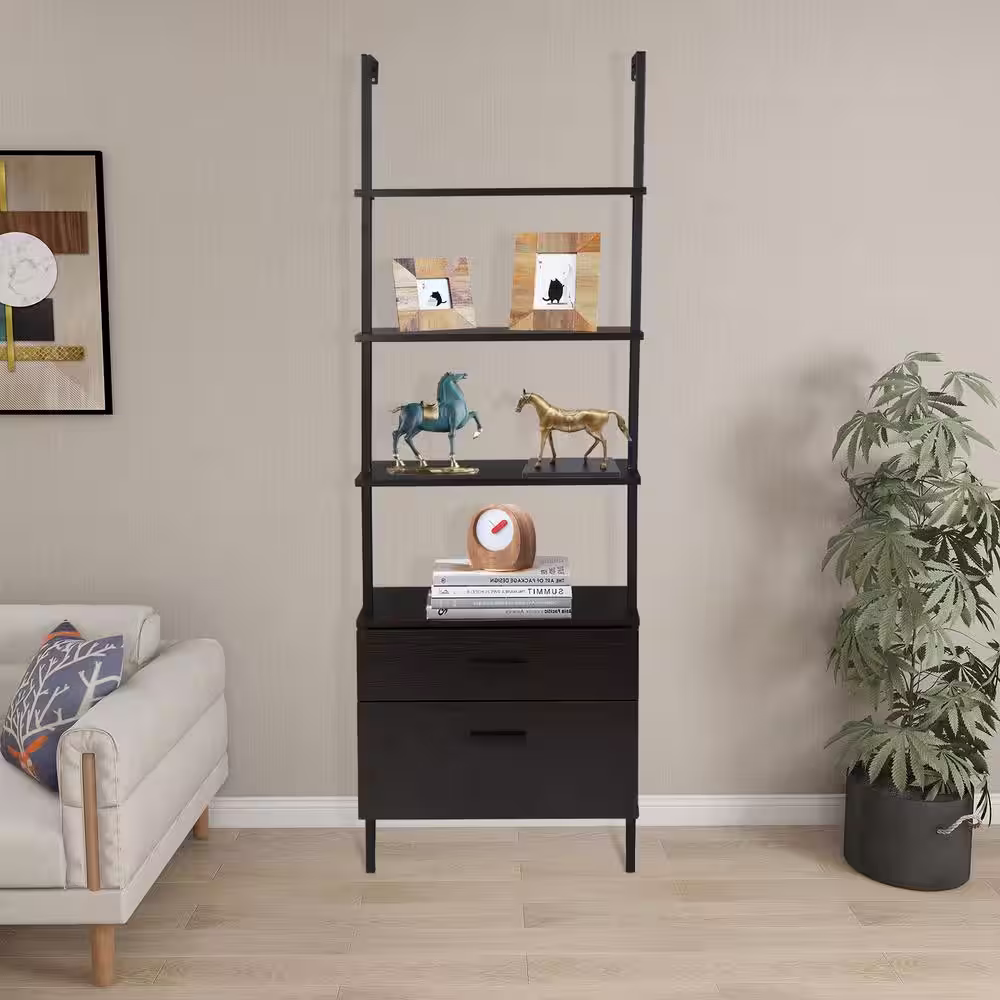 None Industrial 72 in. Black MDF 5-Shelf Standard Bookcase with Wood Drawers