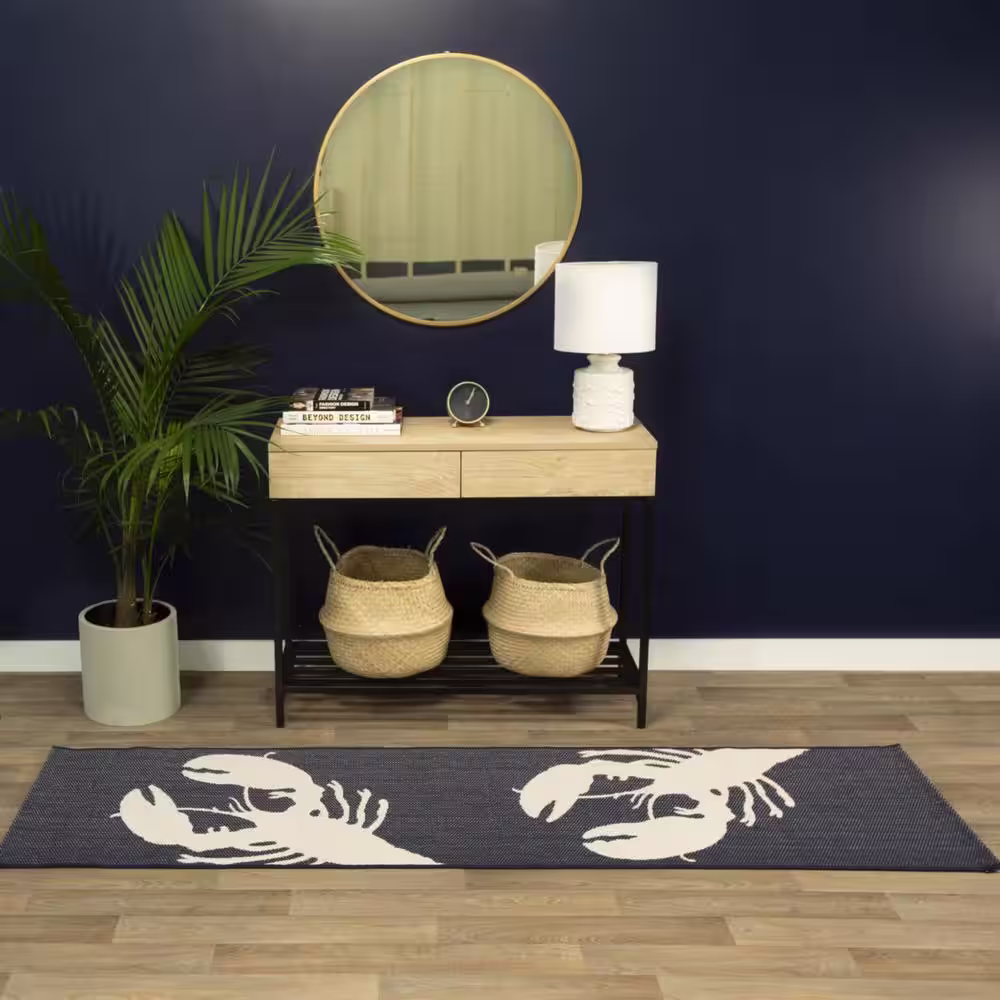 BALTA Beach Navy 2 ft. x 7 ft. Coastal Lobster Indoor/Outdoor Area Rug