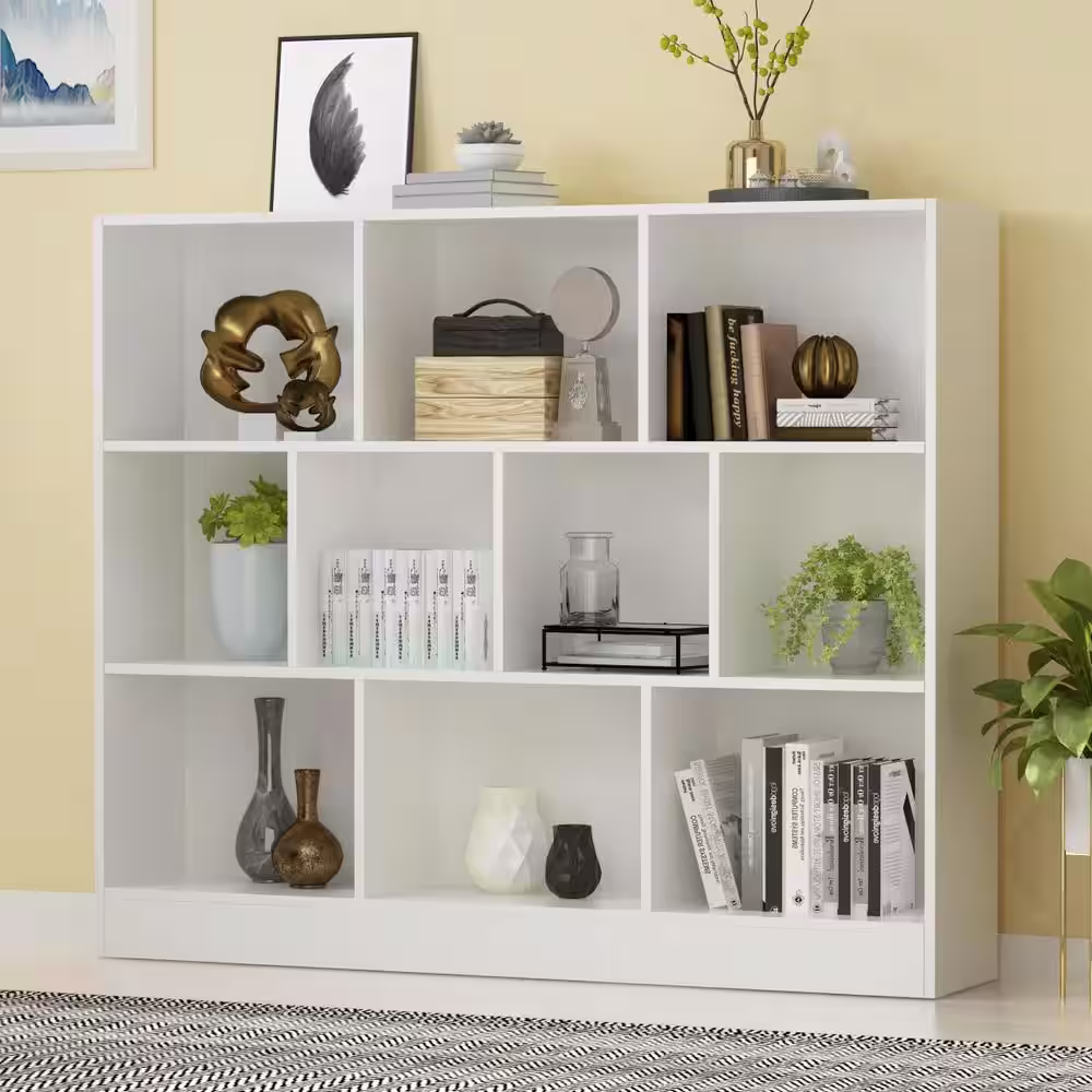FUFU&GAGA 47.2 in. W x 40.9 in. H White Wooden 10-Shelf Freestanding Standard Bookcase Display Bookshelf With Cubes