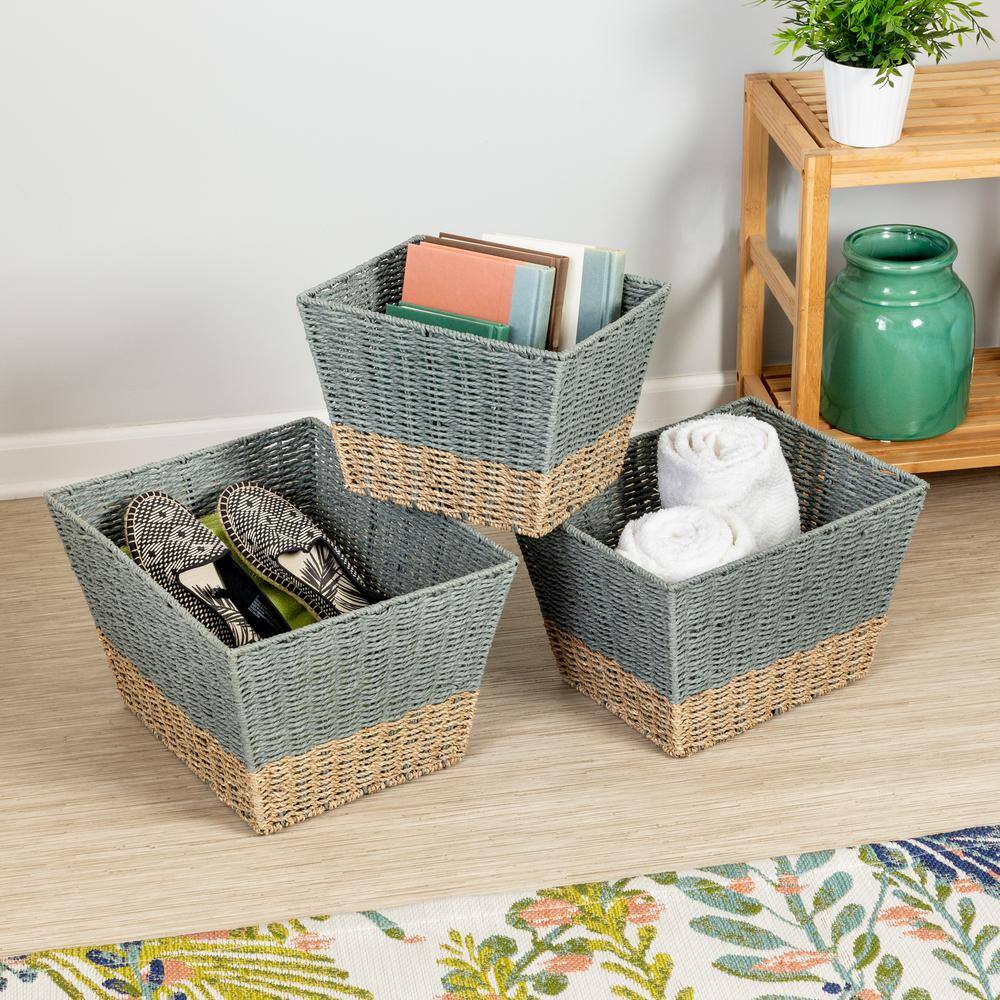 Honey-Can-Do 16.5 Gal. Seagrass Storage Baskets in Blue and Grey (3-Pack)