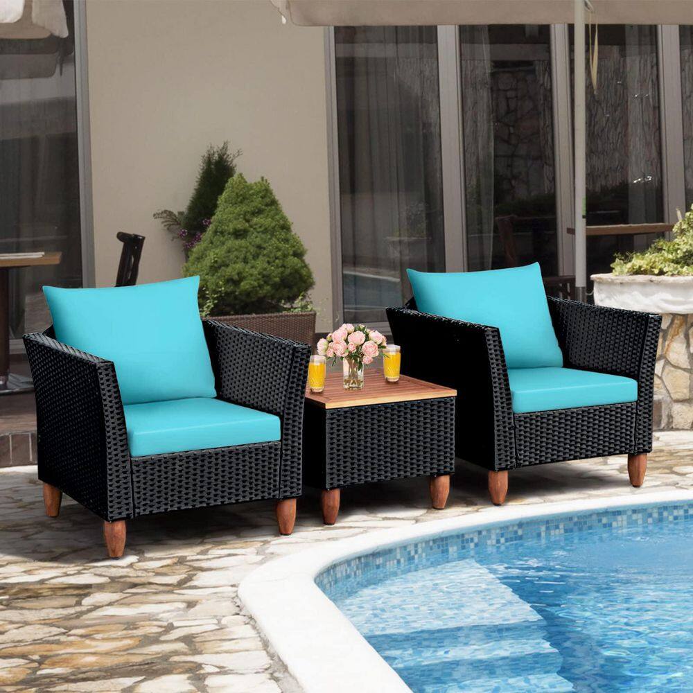 Alpulon Black 3-Piece Wicker Outdoor Furniture Set Patio Conversation Set with Turquoise Cushions