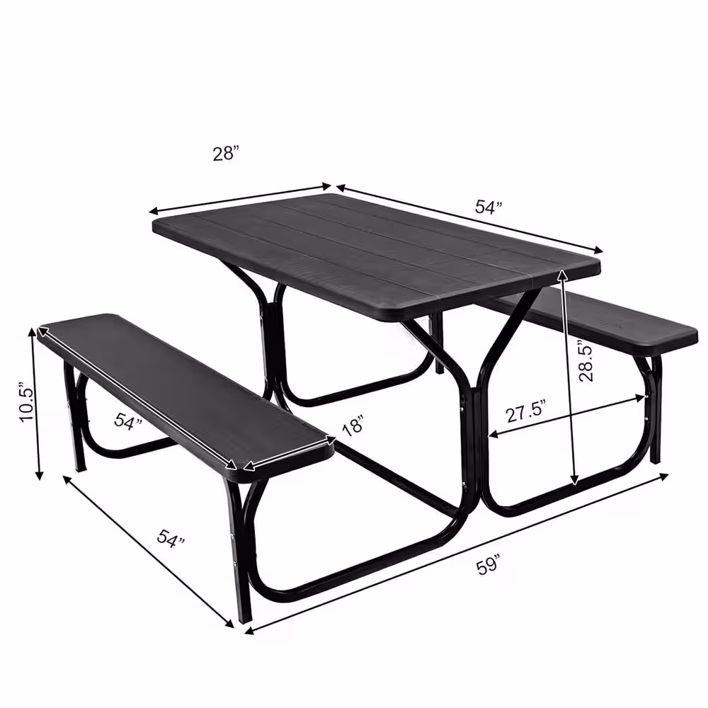 Costway Black Rectangle Metal Picnic Table Bench Set with Extension