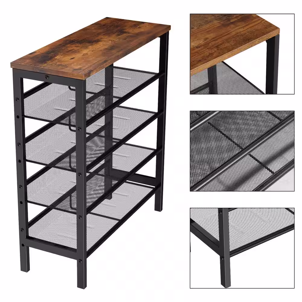 None 33.5 in. H 12-Pair Black Metal Frame Shoe Rack with Wooden Top