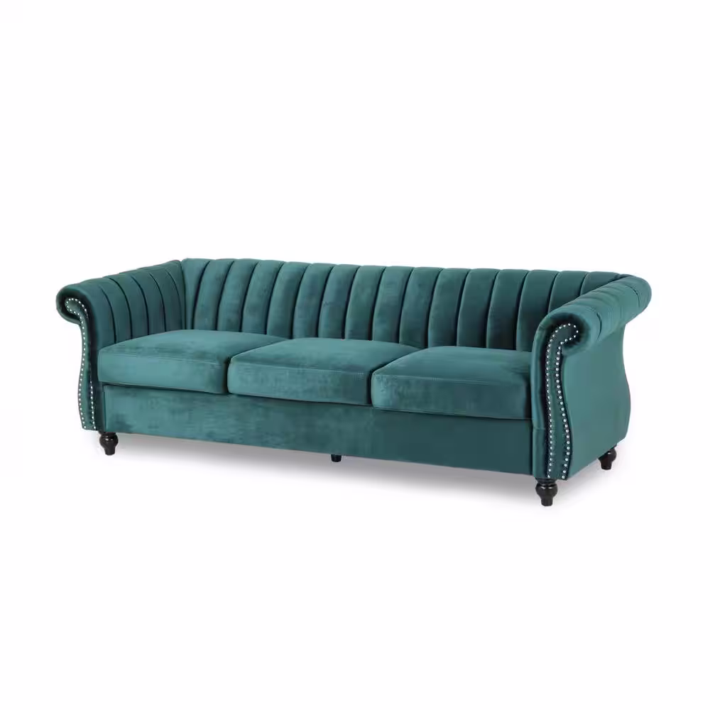 Noble House Bowie 84 in. Teal Solid Velvet 3-Seat Chesterfield Sofa with Nailhead