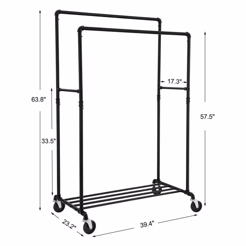 None Black Metal Garment Clothes Rack Double Rods 39 in. W x 63 in. H