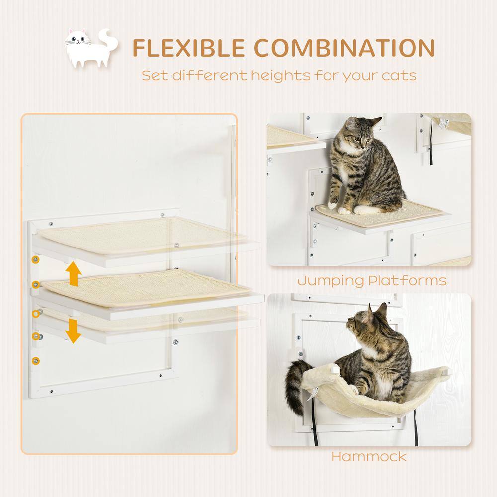 PawHut 6PCs Modern Cat Wall Shelves, Steel Wall-mounted Climbing Shelf Set, Height Adjustable Kitten Activity Center, Cream