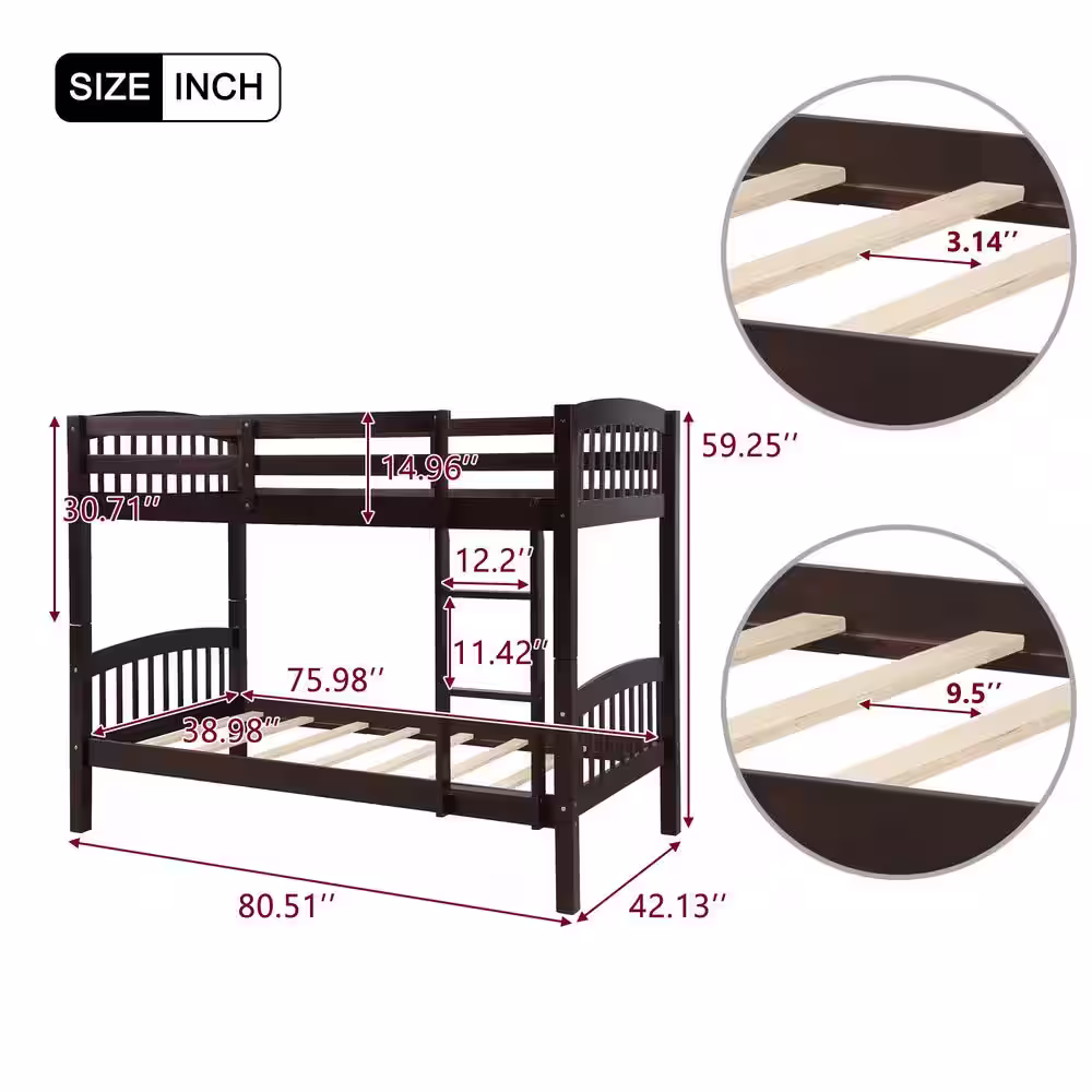 Harper & Bright Designs Espresso Twin over Twin Wood Bunk Bed with Ladder, Divided into 2 Separate Beds
