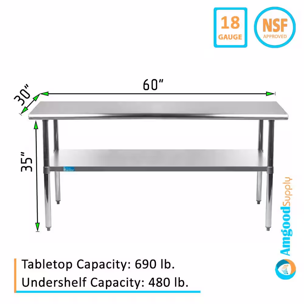 AMGOOD 30 in. x 60 in. Stainless Steel Kitchen Utility Table with Adjustable Bottom Shelf