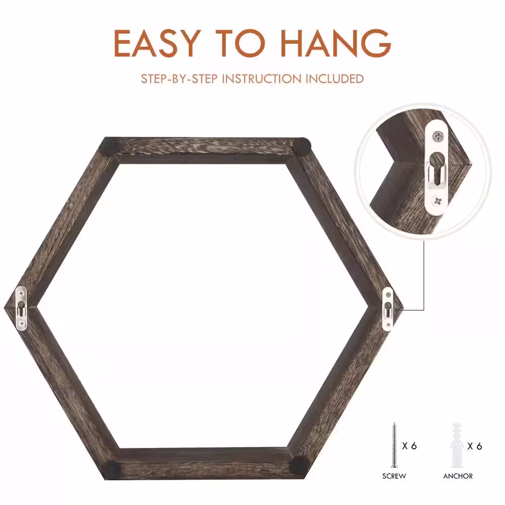 None 15 in. Wooden Hexagon Rustic Floating Honeycomb Shelves in Deep Natural Wood (Set of 3)