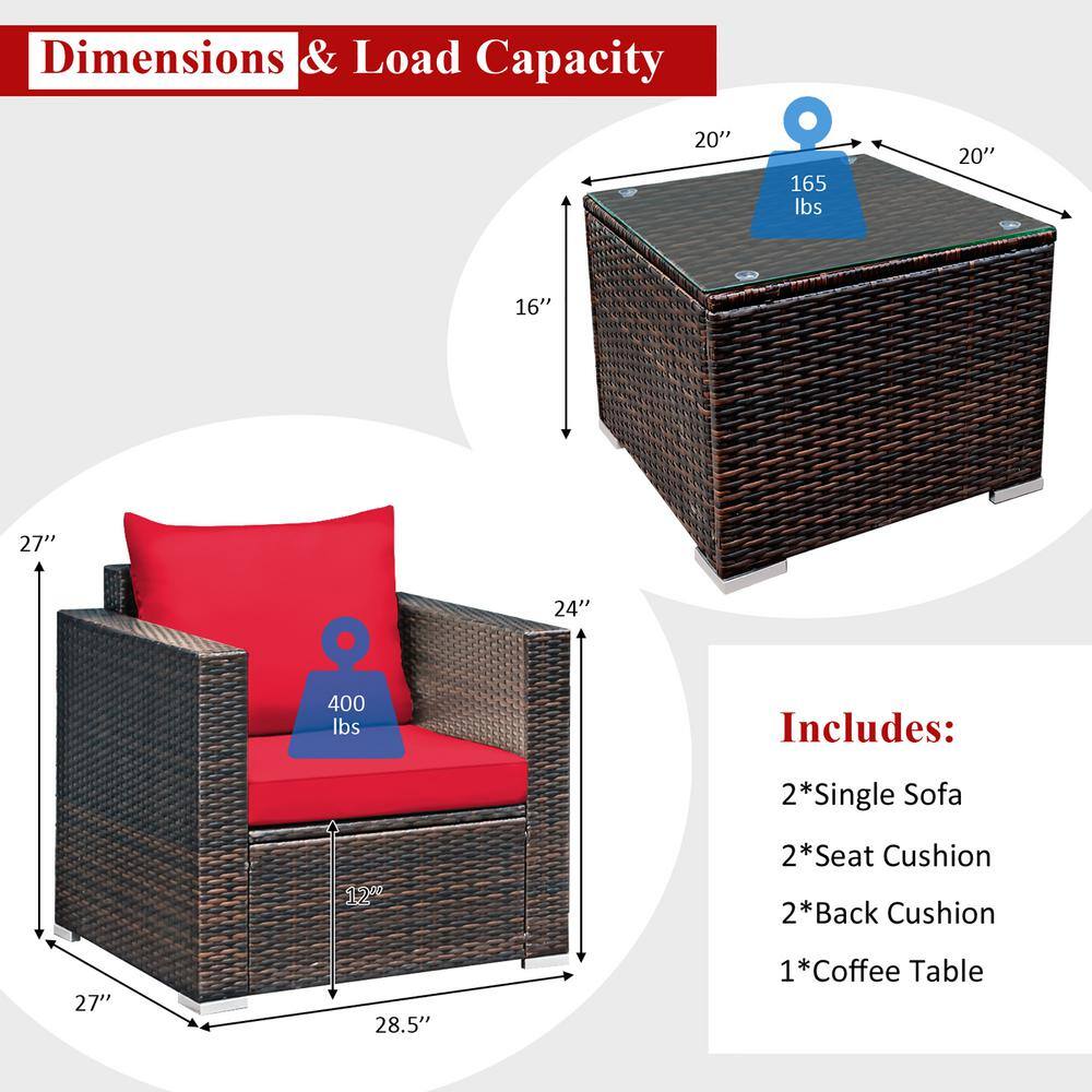 Costway Brown 3-Piece Wicker Patio Conversation Set Garden with Red Cushions