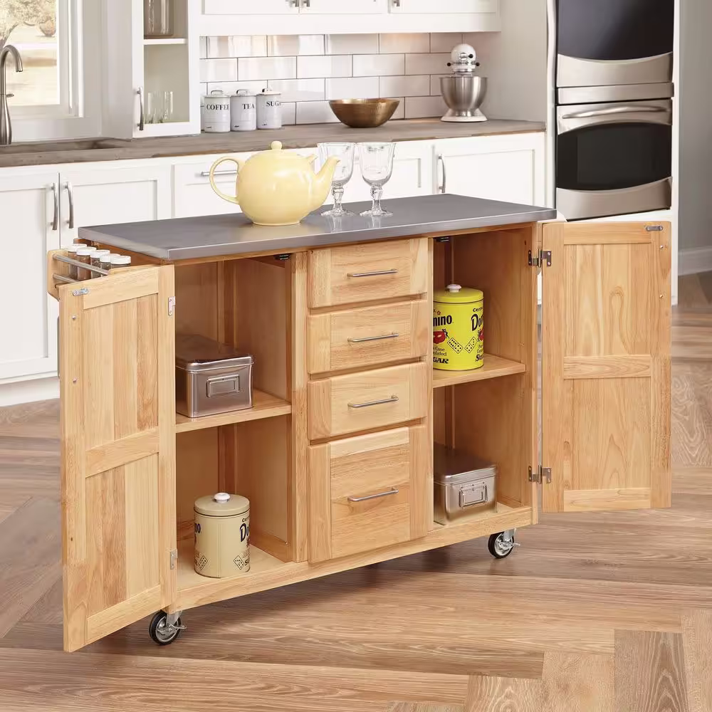 HOMESTYLES Natural Wood Kitchen Cart with Stainless Top and Breakfast Bar