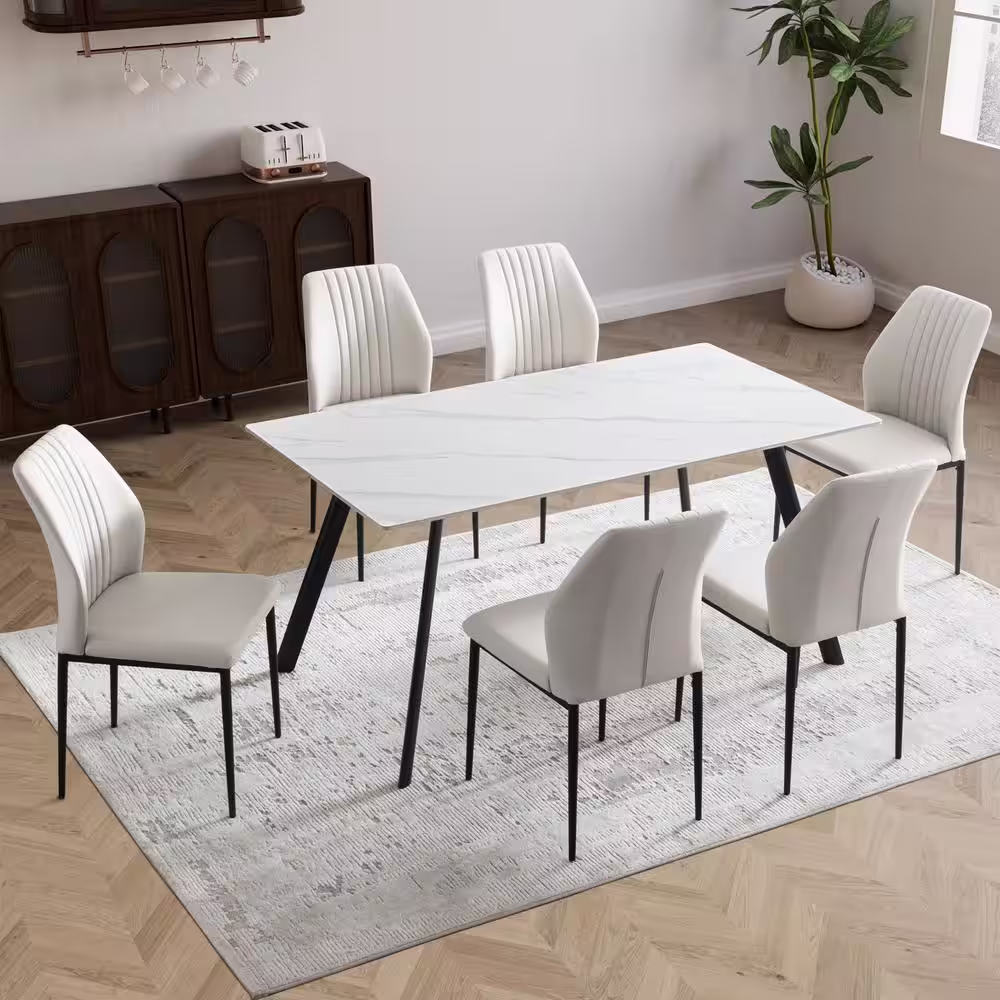 GOJANE 7-Piece White Slate Stone Dining Table Set with Rectangular Table and 6 Beige Dining Chairs