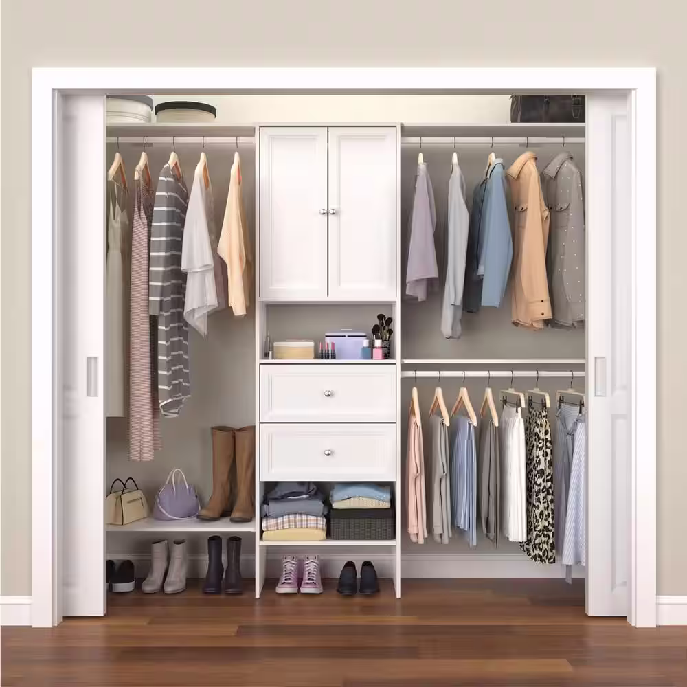 ClosetMaid Selectives 85 in. W x 121 in. W White Premium Wood Closet System Kit with Drawers and Doors