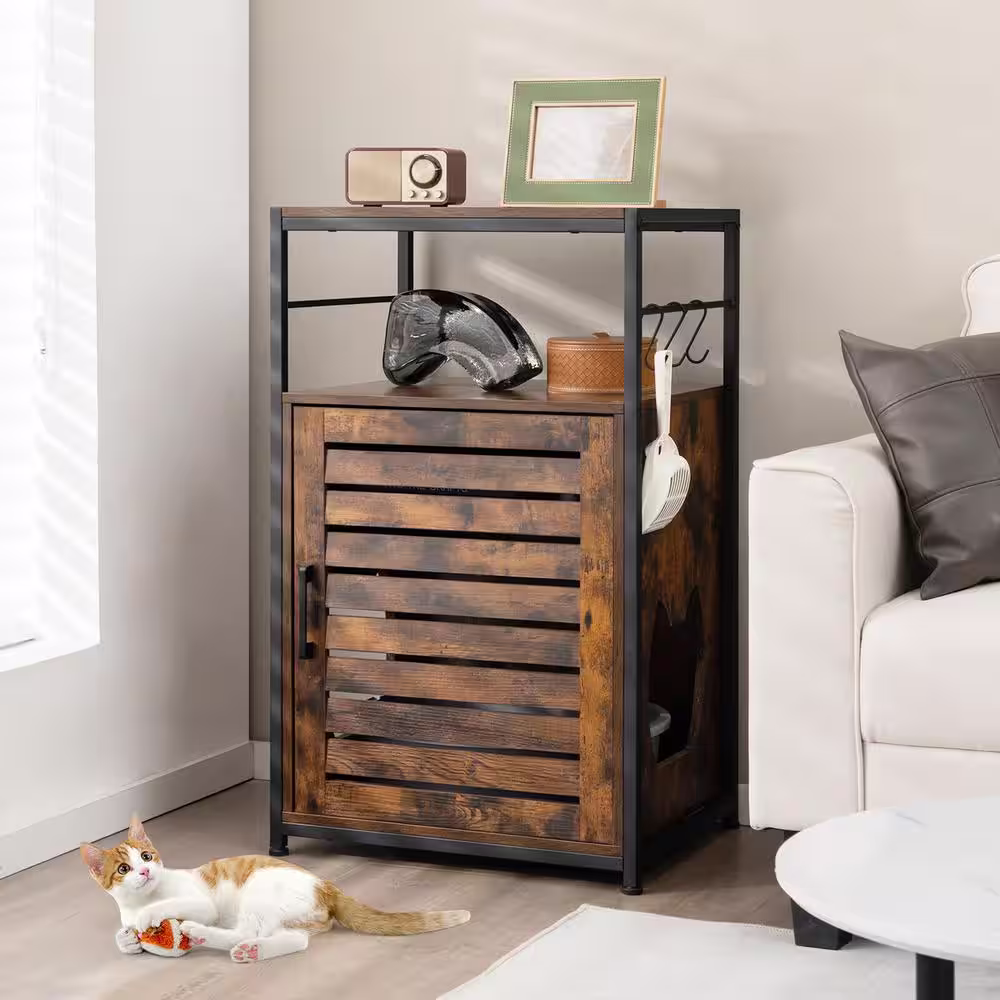 None 23 in. W x 18 in. D x 38 in. H MDF Cat Litter Box Enclosure with Louvered Door in Brown