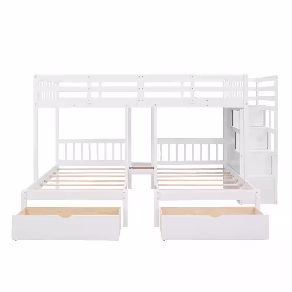 Harper & Bright Designs White Full over Twin & Twin Bunk Bed with Six Drawers and Guardrails