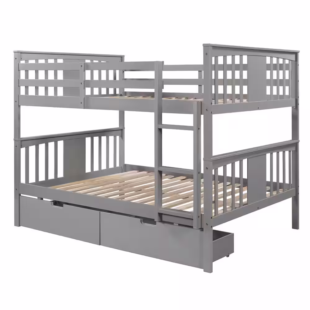 Qualler Gray Full Over Full Bunk Bed with Drawers and Ladder