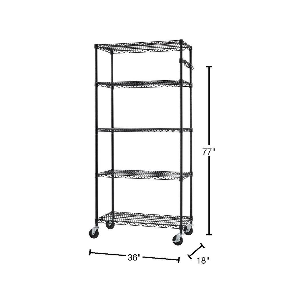 TRINITY Black 5-Tier Rolling Steel Wire Garage Storage Shelving Unit w/ Sidebar and Wheels ( 36 in. W x 77 in. H x 18 in. D )