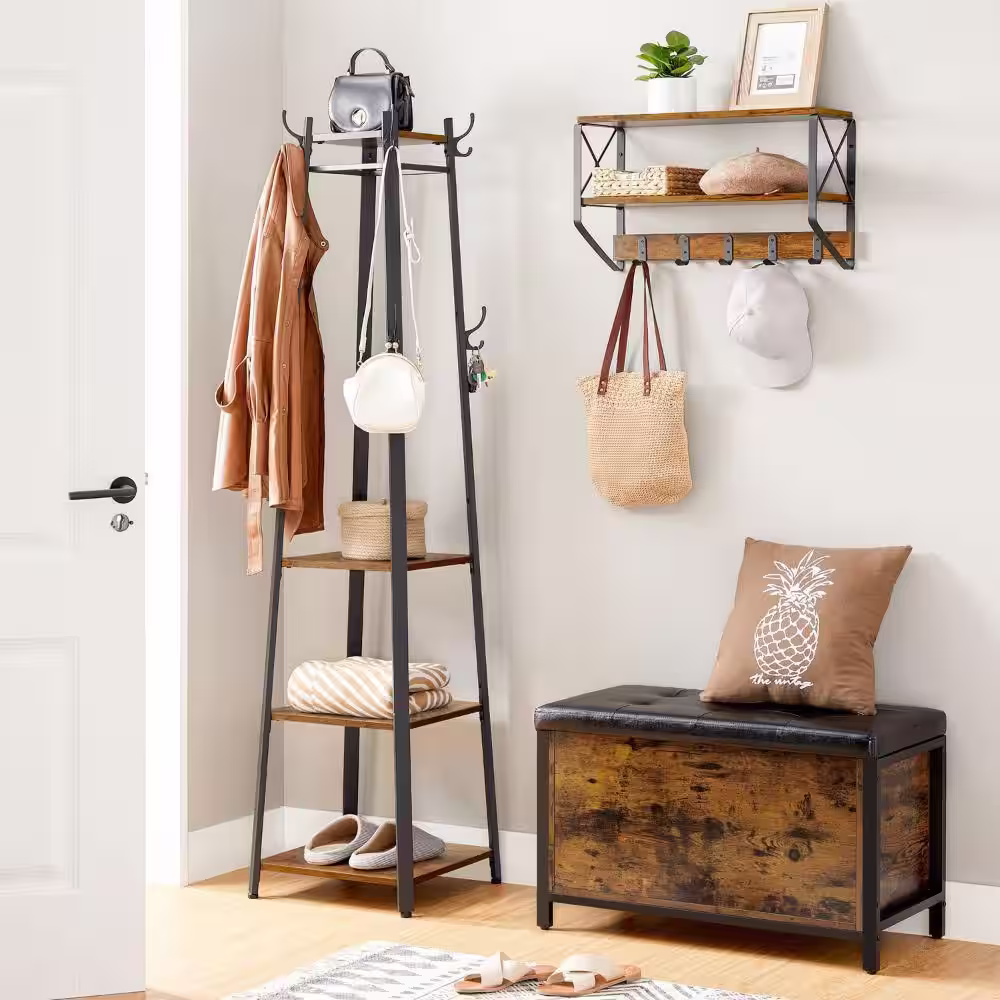 Benjara Brown and Black Metal Framed Ladder Style Coat Rack with Three Wooden Shelves