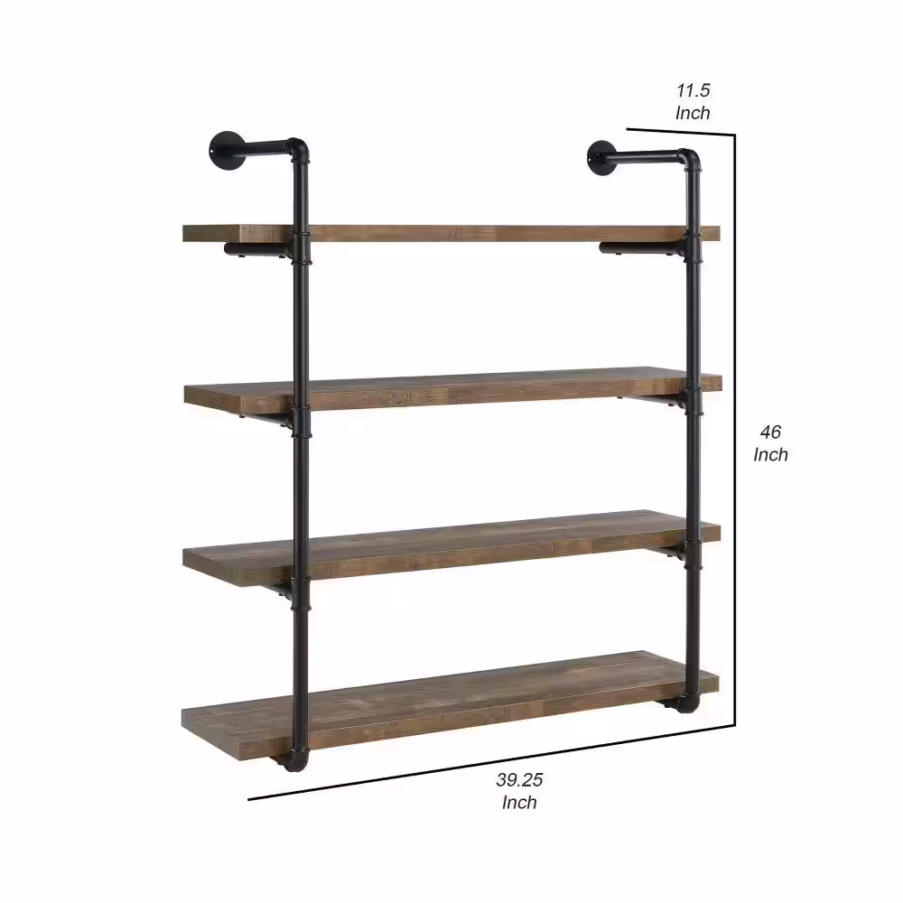 Benjara 11.5 in. L x 39.25 in. W x 46 in. H Brown Wooden Wall Shelf with 4-Tier Shelves and Pipe Design Frame