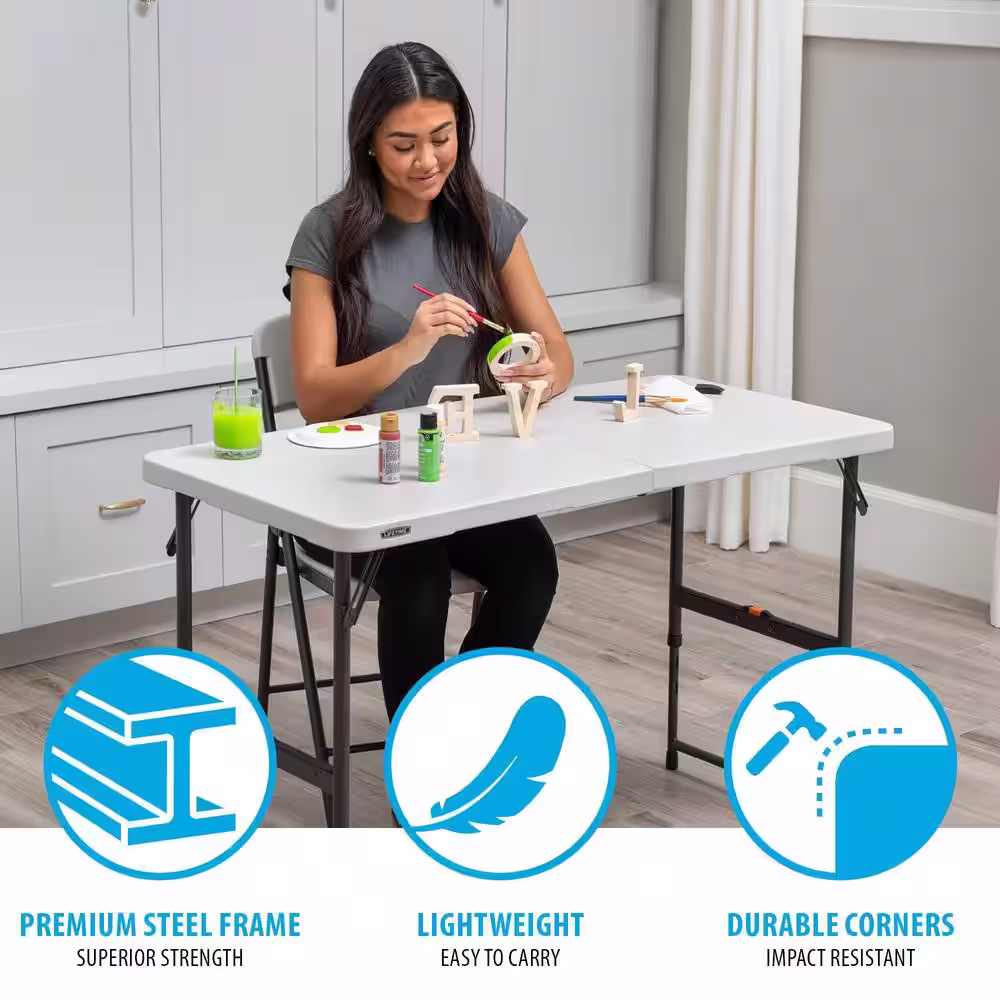 Lifetime 4 ft. One Hand Adjustable Height Fold-in-Half Table Almond