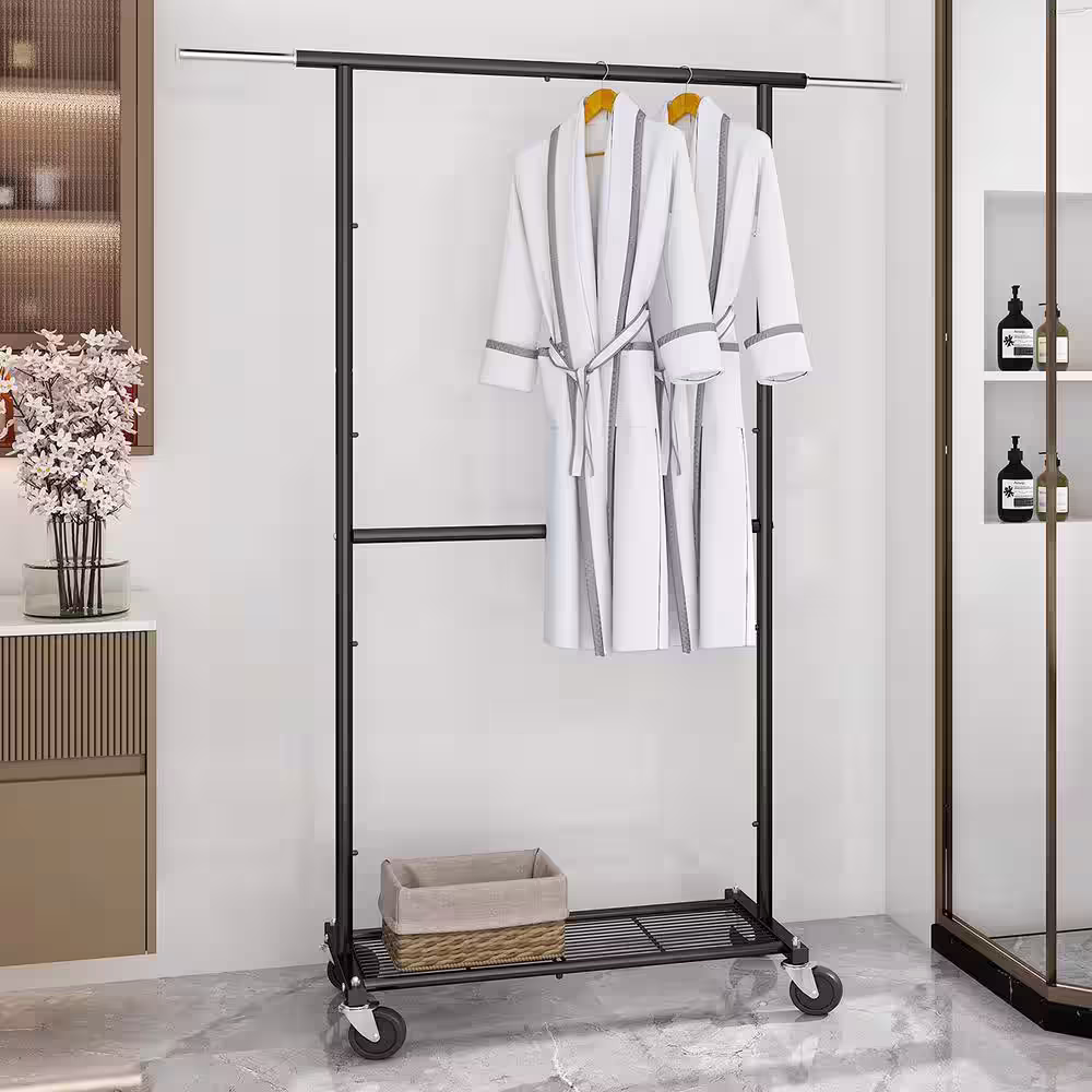 None Black Metal Extendable Garment Clothes Rack 30.5 in. W x 65 in. H