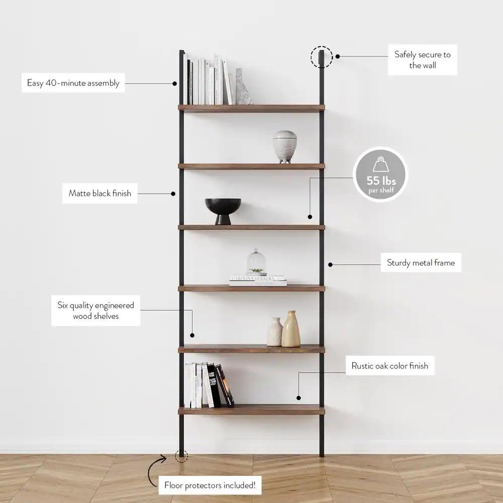 Nathan James Theo 85 in. Matte Black Reclaimed Oak Wood 6-Shelf Wall Mount Ladder Bookcase with Matte Black Metal Frame
