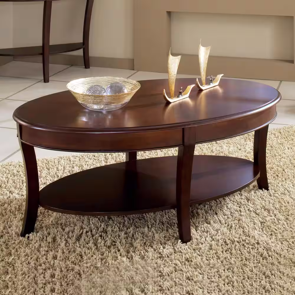 Steve Silver Troy 48 in. Medium Cherry Large Oval Wood Coffee Table with Shelf
