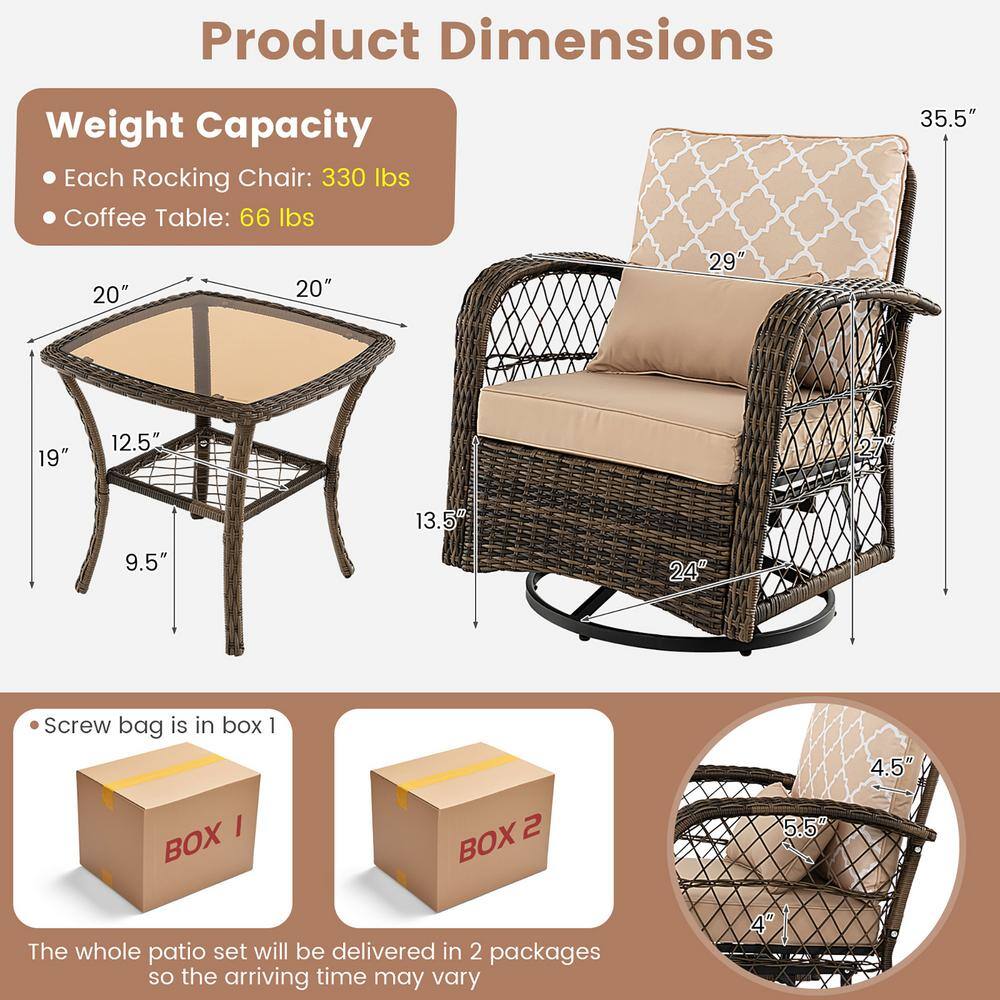 Costway 3-Piece Wicker Patio Conversation Set Swivel Rocker Set-2 Rocking Chairs 360Â° with Coffee Table