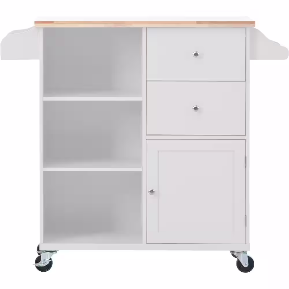 None Brown Solid Wood Top 41.34 in. White Kitchen Island Cart on 4-Wheels with 2-Drawers and 3-Open Shelves