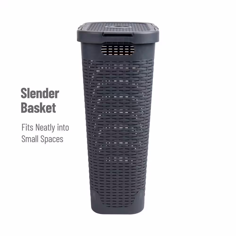 Mind Reader Basket Collection, Slim Laundry Hamper, 40 Liter (15kg/33lbs) Capacity, Cut Out Handles, Attached Hinged Lid, Gray