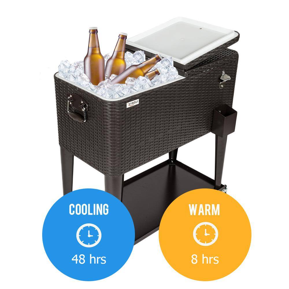 None 80 qt. Rolling Cart on Wheels, Patio Cooler for Party, Ice Chest with Shelf, Bottle Opener, Water Pipe in Brown