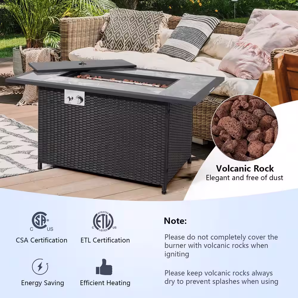 Costway 52 in. Propane Fire Pit Table Marble Tabletop Rattan Wicker w/Rain Cover Lava Rock