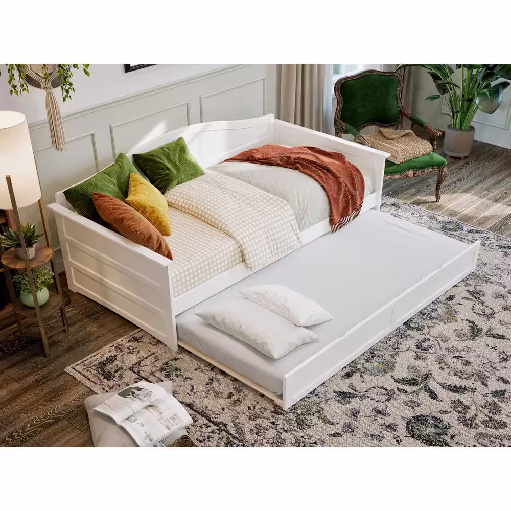 None Acadia White Twin Solid Wood Daybed with Twin Trundle