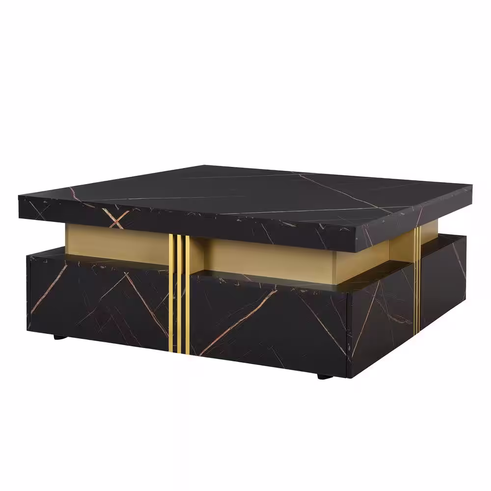 Harper & Bright Designs Modern and Stylish 43.3 in. Black Square MDF Coffee Table with 4 Drawers
