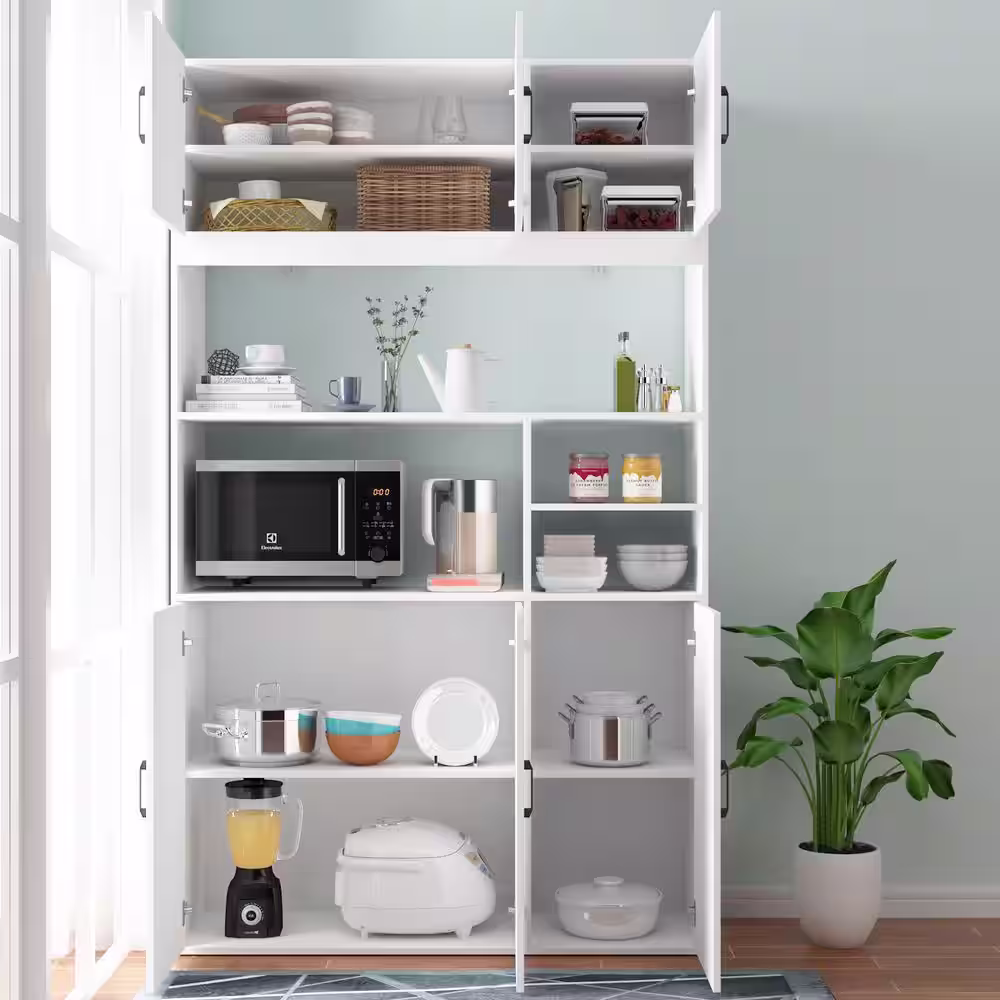 None White Wooden Sideboard, Food Pantry, Wine Cabinet, Storage Cabinet with 12 Shelves in Total