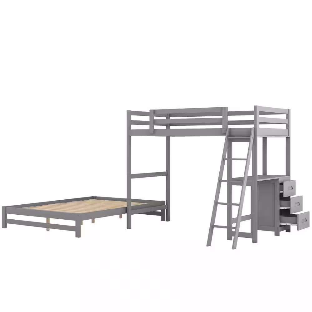 Harper & Bright Designs Gray Twin over Full Wooden Bunk Bed with Built-in Desk, 3 Drawers and Ladder