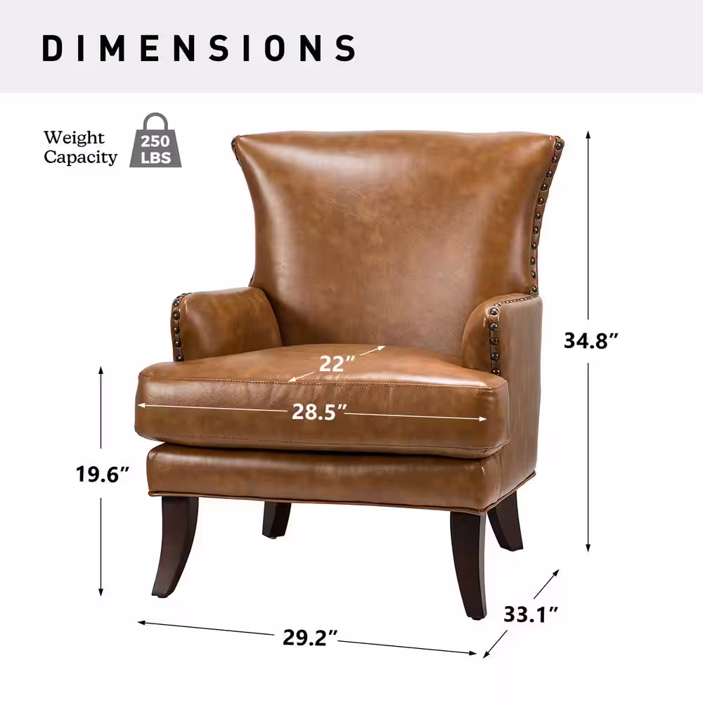 JAYDEN CREATION Bonnot Transitional Camel Faux Leather Wingback Armchair with Nailhead Trim and T-Cushion (Set of 2)