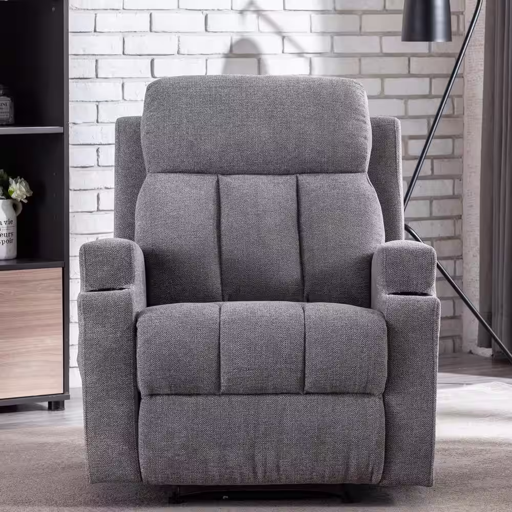 None Light Gray Recliner Chair with Massage and Heat, Fabric Living Room Reclining Single Sofa Seating with Cup Holders