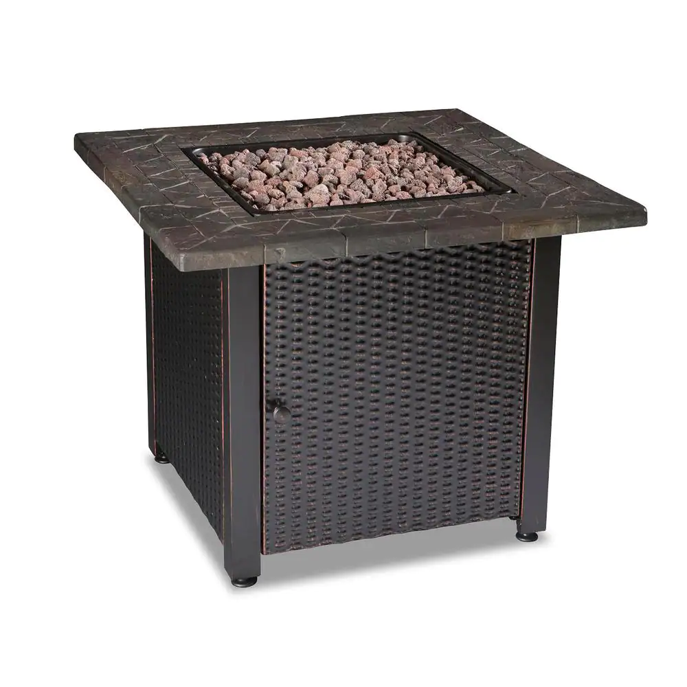 Endless Summer 30 in. W Bronze Finish Steel Base Faux Slate Mantel LP Gas Fire Pit with Electronic Igition and Lava Rocks