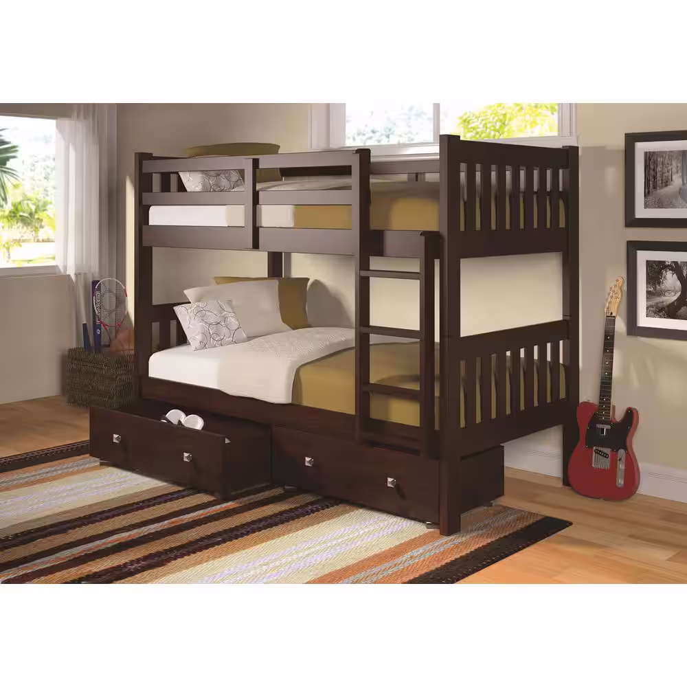 Donco Kids Brown Cappuccino Twin Over Twin Mission Bunk Bed with Dual Under Bed Drawers