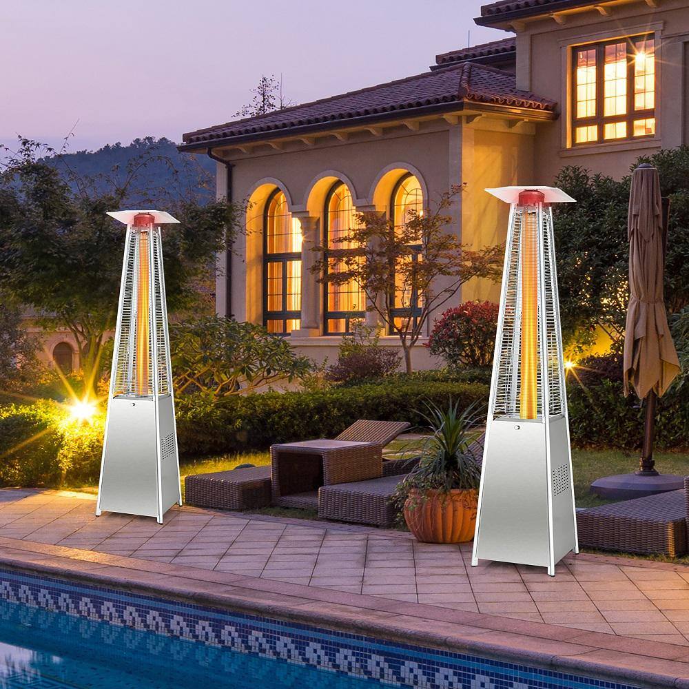 Costway 42000 BTU 90 in. Tall Residential Pyramid Patio Heater Quartz Glass Tube Silver Flame Heating with Wheel