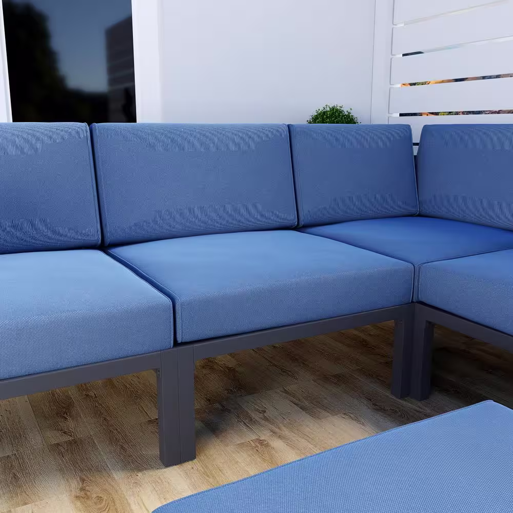 TOP HOME SPACE 6-Piece Metal Patio Conversation Set with Blue Cushions