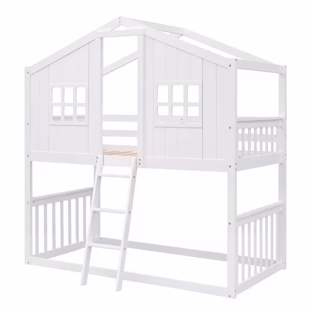 Harper & Bright Designs White Twin Over Twin Wood House Bunk Bed With Ladder