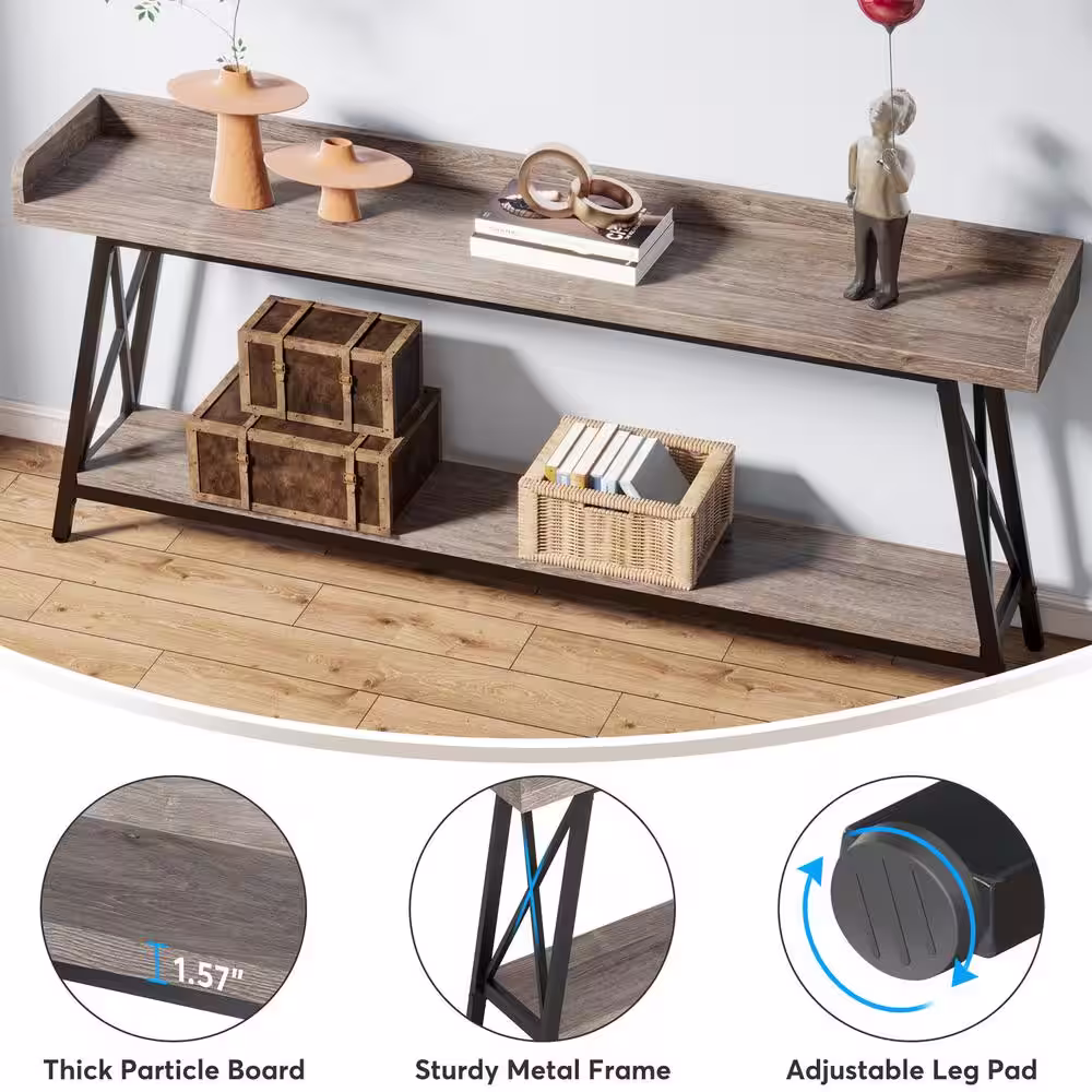 BYBLIGHT TurrellaÂ 70.9 in. Gray Rectangle Engineered Wood Console Table, Extra Long Sofa Table with 2-Tier Shelf