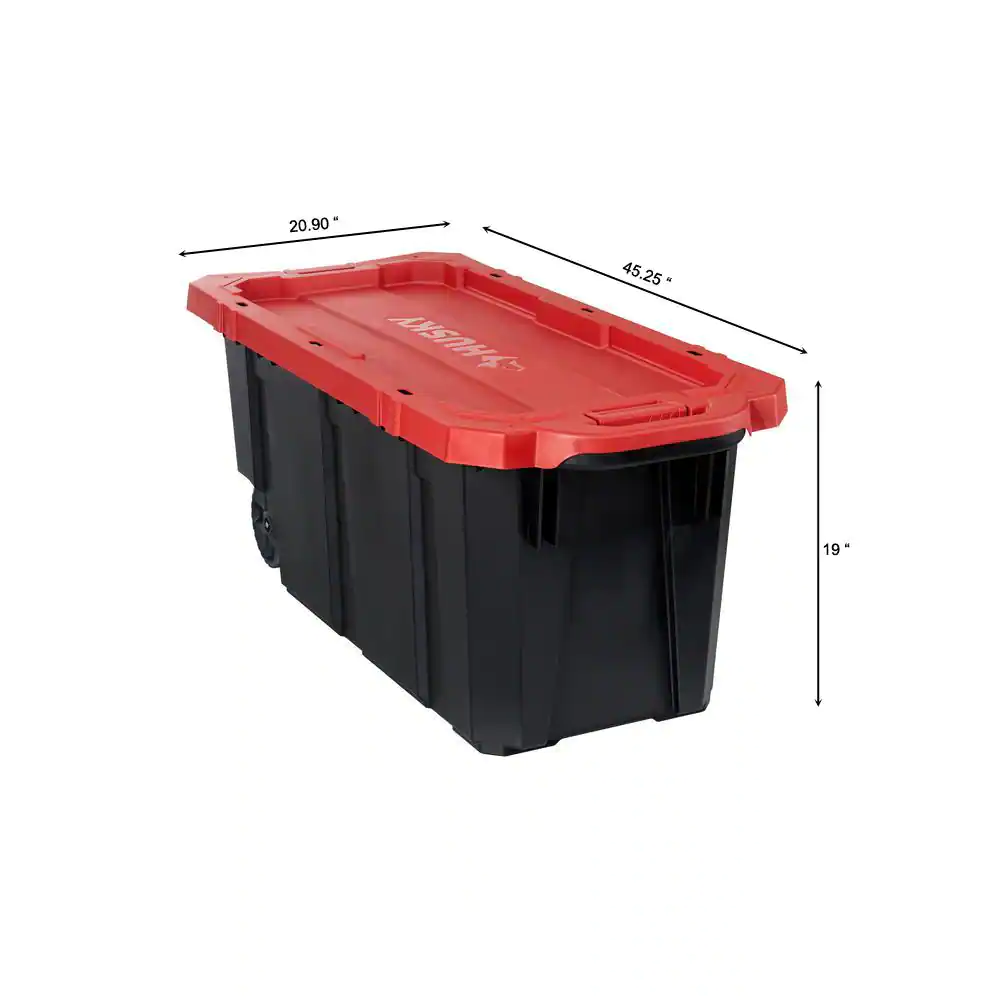 Husky 45 Gal. Latch and Stack Tote with Wheels in Black with Red Lid