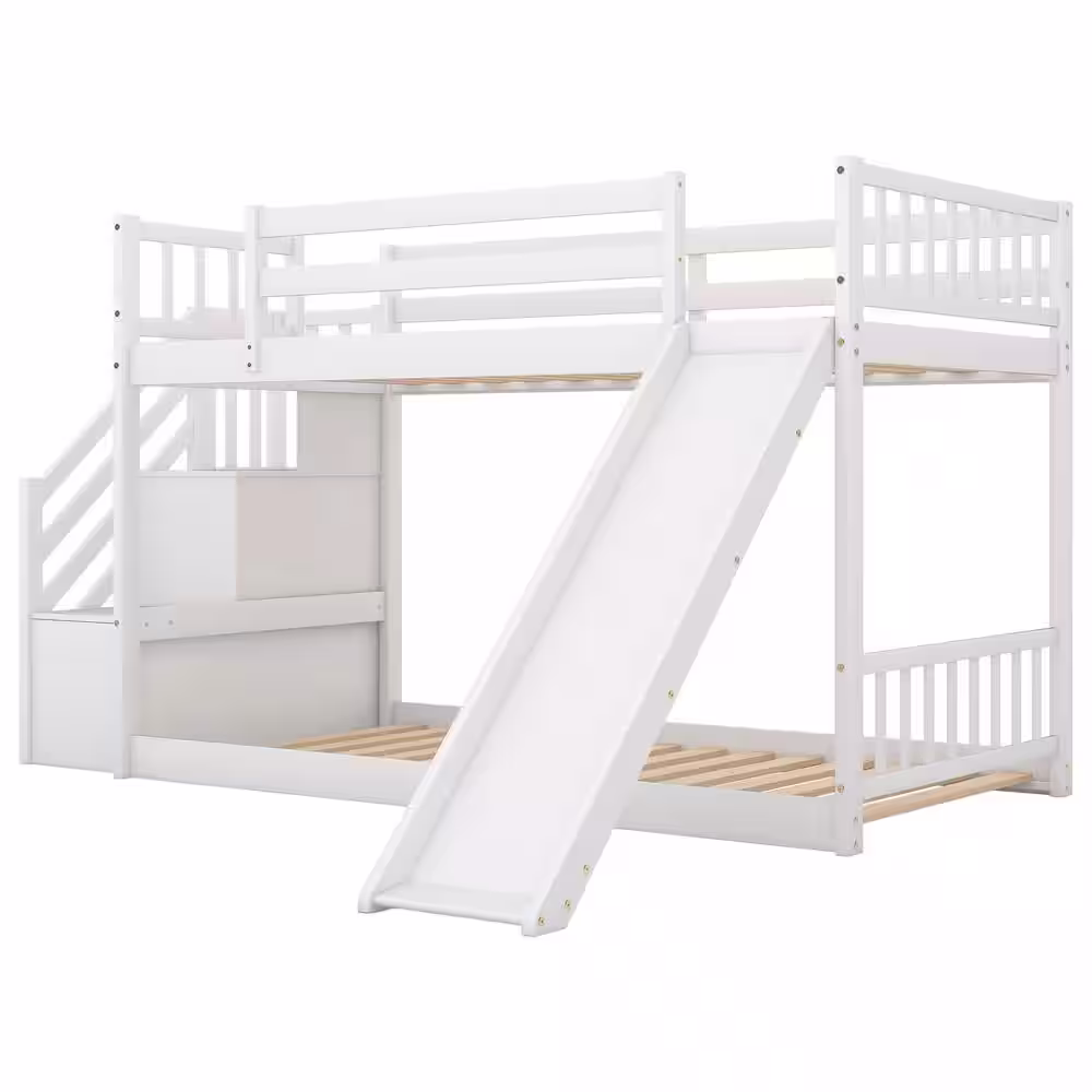 Harper & Bright Designs White Twin Over Twin Bunk Bed Daybed with Slide and Stairway