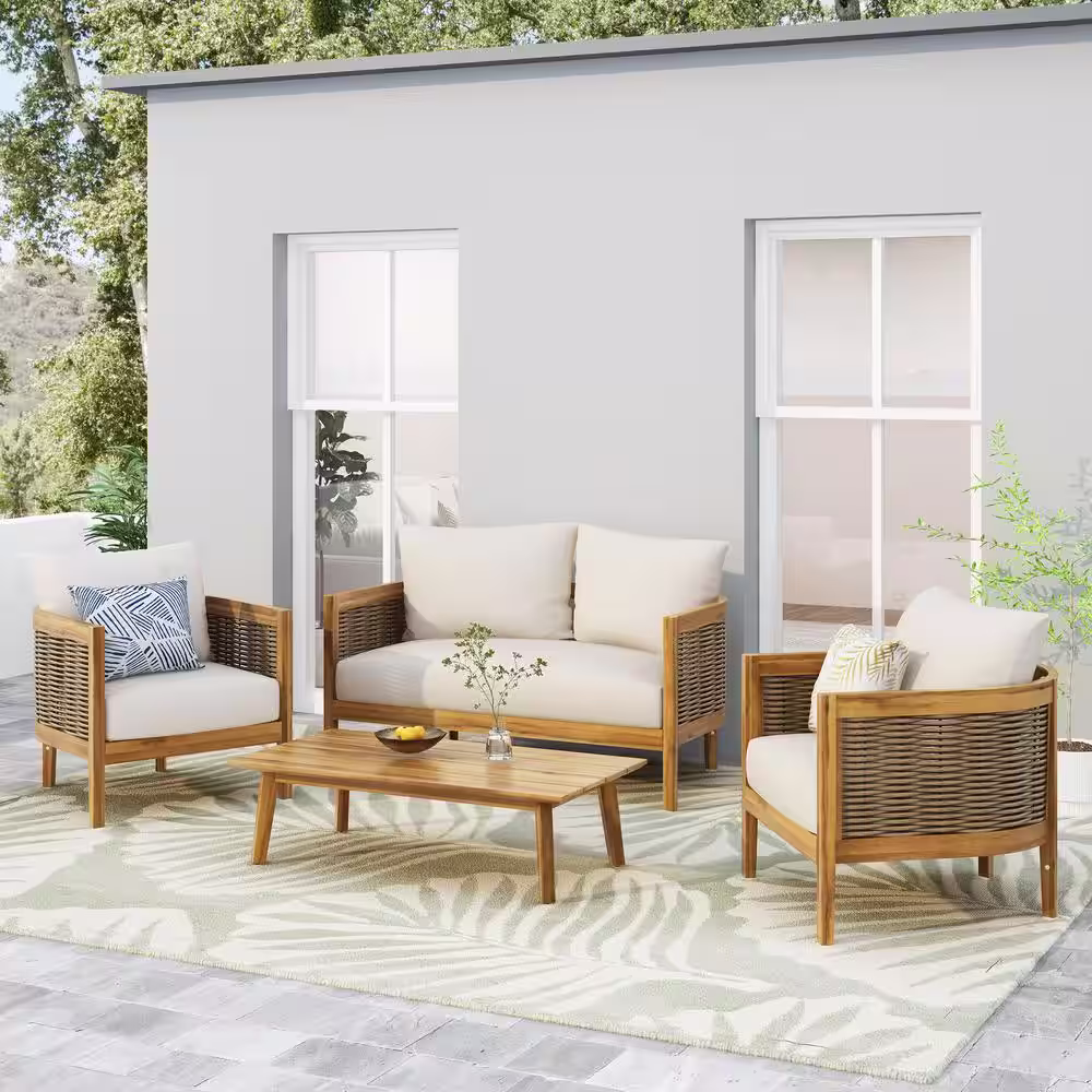 Noble House Rattler 4-Piece Wood Patio Conversation Set with Beige Cushions